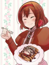 Rule 34 | 1girl, :3, apron, axis powers hetalia, bad id, bad pixiv id, belgium (hetalia), blush, brown hair, chocolate syrup, closed eyes, floral background, flower, food, fork, frills, fruit, hairband, hanasuke33, holding, holding fork, holding plate, jewelry, long sleeves, necklace, official style, plate, puffy long sleeves, puffy sleeves, short hair, solo, strawberry, upper body, waffle, whipped cream