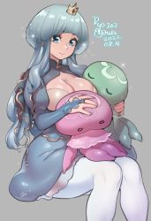 Rule 34 | 1girl, agawa ryou, blue eyes, breasts, bridal gauntlets, cleavage, cleavage cutout, clothing cutout, commentary, crown, dated, dress, english commentary, jellyfish, large breasts, leggings, long hair, mini crown, original, pantyhose, signature, simple background, sitting, sitting on lap, sitting on person, white leggings