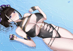 Rule 34 | 1girl, armlet, bare shoulders, black gloves, black one-piece swimsuit, breasts, covered navel, fate/grand order, fate (series), fingerless gloves, flower, gloves, gold trim, hair flower, hair ornament, hair up, half gloves, highleg, highleg swimsuit, highres, kurozawa yui, large breasts, long hair, looking at viewer, lying, murasaki shikibu (fate), murasaki shikibu (swimsuit rider) (fate), murasaki shikibu (swimsuit rider) (first ascension) (fate), nail polish, on back, one-piece swimsuit, purple eyes, purple hair, solo, swimsuit, thighs, water, wet