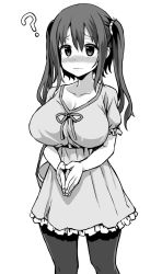 Rule 34 | 10s, 1girl, ?, asanagi, bag, blush, breasts, cleavage, dress, ebina nana, female focus, greyscale, handbag, himouto! umaru-chan, large breasts, monochrome, nose blush, own hands together, pantyhose, simple background, solo, twintails, wavy mouth, white background