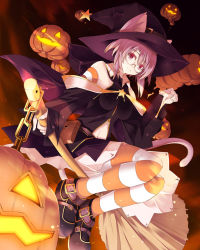Rule 34 | 1girl, animal ears, belt, broom, cat ears, cat tail, chain, detached sleeves, ears through headwear, glasses, hat, jack-o&#039;-lantern, kemonomimi mode, original, purple hair, red eyes, satomi (black scarecrow), shoes, socks, solo, star (symbol), striped clothes, striped socks, striped thighhighs, tail, thighhighs, witch, witch hat