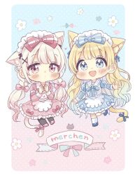 Rule 34 | 2girls, :d, animal ear fluff, animal ears, apron, black pantyhose, blonde hair, blue bow, blue dress, blue eyes, blue footwear, blush, bow, cat ears, cat girl, cat tail, chibi, closed mouth, commentary request, dress, frilled dress, frills, grey hair, hair bow, highres, juliet sleeves, long hair, long sleeves, low twintails, maid headdress, multiple girls, open mouth, original, pantyhose, pink bow, pink dress, pink eyes, pink footwear, polka dot, polka dot background, puffy long sleeves, puffy sleeves, sakura oriko, shoes, smile, socks, tail, twintails, very long hair, white apron, white socks