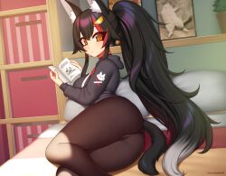 Rule 34 | 1girl, animal ear fluff, animal ears, artist name, ass, bed, black choker, black hair, black hoodie, black pantyhose, book, breasts, choker, feet out of frame, gradient hair, hair between eyes, hair ornament, hairclip, holding, holding book, hololive, hood, hoodie, indoors, kuroonehalf, large breasts, long hair, long sleeves, looking at viewer, looking to the side, lying, multicolored hair, on bed, on side, ookami mio, ookami mio (casual), orange eyes, pantyhose, parted lips, picture frame, pillow, plant, ponytail, potted plant, red hair, shelf, solo, streaked hair, sunlight, tail, thighs, very long hair, virtual youtuber, white hair, wolf ears, wolf girl, wolf tail