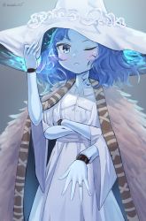 Rule 34 | 1girl, blue hair, blue skin, blush, cloak, colored skin, cowboy shot, cracked skin, crossed arms, doll joints, dress, elden ring, extra arms, frown, fur cloak, hat, hat ornament, highres, hirotaka0125, jewelry, joints, large hat, looking at viewer, medium hair, one eye closed, ranni the witch, ring, solo, white dress, wide sleeves, witch, witch hat, wreath