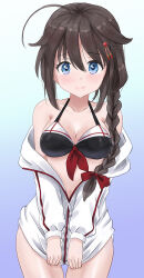 Rule 34 | 1girl, adapted costume, ahoge, bikini, black bikini, black hair, blue eyes, braid, cowboy shot, front-tie bikini top, front-tie top, gradient background, grey background, hair flaps, hair over shoulder, jacket, kantai collection, kitagawa mikio, leaning forward, open clothes, open jacket, shigure (kancolle), shigure kai ni (kancolle), simple background, single braid, solo, standing, swimsuit, white background, white jacket