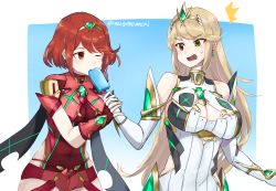 Rule 34 | 2girls, blonde hair, breasts, eating, food, gem, hair ornament, headpiece, highres, jewelry, licking, long hair, multiple girls, mythra (xenoblade), nintendo, popsicle, pyra (xenoblade), red hair, selfcest, short hair, tiara, user rzfk3752, very long hair, xenoblade chronicles (series), xenoblade chronicles 2