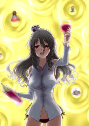 Rule 34 | 1girl, :d, alcohol, arm up, blush, bottle, brown eyes, cup, dress shirt, drinking glass, drunk, fate (series), gate of babylon (fate), grey hair, hat, kantai collection, looking at viewer, mikage takashi, navel, no pants, open mouth, panties, parody, pola (kancolle), shirt, side-tie panties, smile, solo, twitter username, underwear, wine, wine bottle, wine glass