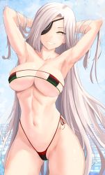 Rule 34 | 1girl, alchemist (girls&#039; frontline), beach, bikini, breasts, ceilinginmyroom, commission, eyepatch, female focus, girls&#039; frontline, highres, large breasts, long hair, looking at viewer, micro bikini, naughty face, ocean, outdoors, pixiv commission, smile, solo, standing, swimsuit, white hair