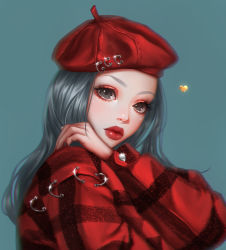 Rule 34 | 1girl, beret, black eyes, closed mouth, coat, commentary request, earrings, eyelashes, eyeshadow, grey hair, hand on own shoulder, hat, highres, jewelry, lips, long hair, long sleeves, makeup, nose piercing, nose ring, original, piercing, portrait, red coat, red hat, red lips, rena illusion, solo, sparkle, upper body