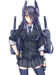 Rule 34 | 10s, 1girl, alternate hair length, alternate hairstyle, black hair, black thighhighs, cardigan, eyepatch, hair over one eye, hand on own hip, headgear, kantai collection, long hair, looking at viewer, machinery, maruki (punchiki), personification, skirt, smile, solo, tenryuu (kancolle), thighhighs, white background, yellow eyes, zettai ryouiki