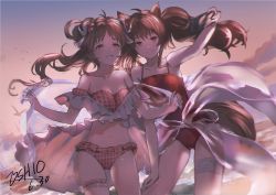 Rule 34 | 2girls, absurdres, ahoge, angelina (arknights), angelina (summer flower) (arknights), animal ears, antenna hair, arknights, artist name, bikini, bird, breasts, cellphone, chinese commentary, collarbone, cowboy shot, dated, eyjafjalla (arknights), eyjafjalla (summer flower) (arknights), flower, fox ears, fox girl, fox tail, hair flower, hair ornament, hand on own leg, highres, holding, holding phone, horns, long hair, medium breasts, multiple girls, navel, off-shoulder bikini, off shoulder, official alternate costume, one-piece swimsuit, orlijiang, outdoors, phone, pink bikini, pink flower, red eyes, red one-piece swimsuit, see-through, selfie, sheep ears, sheep girl, sheep horns, shirt, small breasts, smile, spaghetti strap, stomach, sunset, sweater, swimsuit, swimsuit cover-up, tail, thigh strap, twintails, wading, water, white shirt