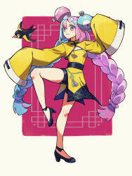 Rule 34 | 1girl, absurdres, adapted costume, black footwear, bow-shaped hair, braid, character hair ornament, closed mouth, commentary request, creatures (company), full body, game freak, hair ornament, high heels, highres, iono (pokemon), jacket, knees, leg up, legs, multicolored hair, nintendo, nori (hgdm2784), pokemon, pokemon (creature), pokemon sv, sleeves past fingers, sleeves past wrists, smile, twin braids, twintails, two-tone hair, wattrel, yellow jacket