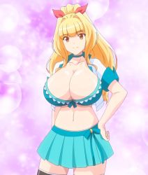 Rule 34 | 1girl, blonde hair, breasts, cleavage, hand on own hip, highres, honoo no haramase oppai ero appli gakuen, huge breasts, kisaragi kyouko, large breasts, legs, midriff, miniskirt, navel, orange eyes, pleated skirt, ponytail, skirt, smile, solo, stitched, thick thighs, thighs, third-party edit