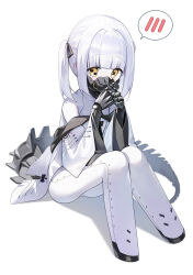 Rule 34 | 1girl, absurdres, bare shoulders, black mask, blue archive, colored skin, ein (blue archive), highres, hutosutoro, jacket, looking at viewer, mask, mouth mask, short hair, simple background, sitting, solo, spoken blush, symbol-shaped pupils, tail, twintails, white background, white hair, white jacket, white skin, wide sleeves, x-shaped pupils, yellow eyes