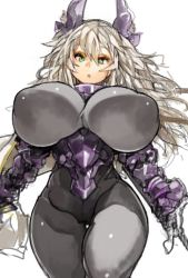 Rule 34 | 1girl, :o, aqua eyes, armor, bodysuit, breasts, character request, copyright request, covered erect nipples, curvy, hair between eyes, holding, holding sword, holding weapon, horns, huge breasts, long hair, looking at viewer, parted lips, perky breasts, sachito, shiny clothes, silver hair, simple background, solo, sword, thick thighs, thigh gap, thighs, weapon, white background, wide hips