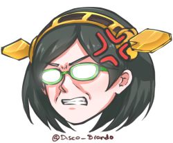Rule 34 | 1girl, anger vein, angry, black hair, clenched teeth, commentary, disco brando, facing viewer, frown, glasses, green-framed eyewear, hairband, headgear, kantai collection, kirishima (kancolle), parted bangs, portrait, short hair, simple background, solo, teeth, transparent background, twitter username