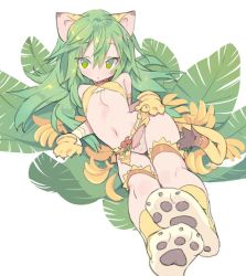 Rule 34 | 1girl, animal ears, animal hands, banana, belt, blade (galaxist), bow, bow panties, bra, breasts, copyright request, food, fruit, gloves, green eyes, green hair, hair between eyes, leaf, long hair, looking at viewer, navel, panties, parted lips, paw gloves, paw shoes, reclining, small breasts, solo, tail, underwear, white panties, yellow bra