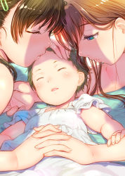 Rule 34 | 3girls, baby, blue eyes, brown hair, closed eyes, highres, holding hands, interlocked fingers, jewelry, kiss, kissing forehead, mikazuki akira!, mother and daughter, multiple girls, open mouth, original, parted lips, ring, wedding band, wife and wife, yuri