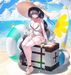 Rule 34 | 1girl, absurdres, ball, beach, beach towel, beachball, black choker, black hair, blue archive, blue ribbon, braid, breasts, bug, butterfly, choker, closed mouth, collarbone, covered navel, criss-cross halter, day, feet, flower, halo, halterneck, hat, hat flower, hat ribbon, highres, hinata (blue archive), hinata (swimsuit) (blue archive), innertube, insect, large breasts, long hair, ocean, official alternate costume, one-piece swimsuit, outdoors, red eyes, ribbon, sand, sandals, single braid, solo, straw hat, sun hat, sunlight, surfboard, swept bangs, swim ring, swimsuit, thigh strap, thighs, toes, towel, very long hair, wakum, water, white one-piece swimsuit