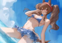 Rule 34 | 1girl, alternate costume, angelina (arknights), animal ears, arknights, bare shoulders, bikini, bikini skirt, blue bikini, blue sky, blurry, breasts, brown hair, closed mouth, commentary, depth of field, dutch angle, fox ears, fox girl, hairband, hand up, long hair, looking at viewer, medium breasts, navel, ocean, red eyes, red hairband, sky, smile, solo, sora mame (princess 0sora), striped clothes, striped hairband, swimsuit, symbol-only commentary, twintails, wading