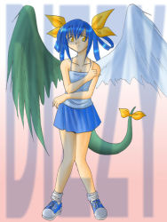 Rule 34 | 1girl, arc system works, asymmetrical wings, bad anatomy, blue hair, dizzy (guilty gear), guilty gear, poorly drawn, ribbon, solo, tail, tail ornament, tail ribbon, wings, yellow eyes