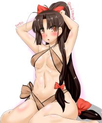 Rule 34 | 1girl, adapted costume, ahoge, bikini, black hair, breasts, brown eyes, commentary request, dated, high ponytail, highres, kantai collection, long hair, looking at viewer, medium breasts, one-hour drawing challenge, ponytail, senzaki tomo hiro, shouhou (kancolle), side-tie bikini bottom, simple background, sitting, slingshot swimsuit, solo, swimsuit, twitter username, wariza, white background