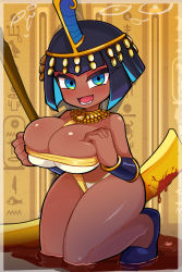 Rule 34 | 1girl, black hair, blood, blue eyes, blue hair, blush, bob cut, breasts, cleavage, eliza (skullgirls), hands on own chest, hieroglyphics, highres, imeni-art, kneeling, large breasts, looking at viewer, open mouth, short hair, skullgirls, smile, solo, tiara, usekh collar