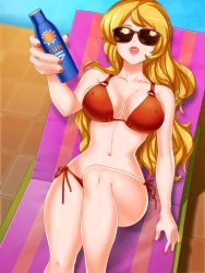 Rule 34 | 1girl, artist request, bikini, blonde hair, blue eyes, bottle, breasts, chair, cleavage, collarbone, date crush stories, day, game cg, highres, holding, lipstick, long hair, lotion, lotion bottle, lounge chair, lying, makeup, nail polish, navel, outdoors, pool, red bikini, red nails, rose (date crush stories), side-tie bikini bottom, solo, stomach, sunbathing, sunbed, sunglasses, sunlight, sunscreen, swimsuit, thighhighs, tiles, water