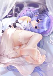 Rule 34 | 1girl, absurdres, azur lane, black bow, blue eyes, bow, dress, hair bow, highres, kamue, lace, lace legwear, long hair, looking at viewer, no shoes, panties, resolution mismatch, see-through, see-through legwear, soles, solo, source smaller, thighhighs, toes, underwear, unicorn (azur lane), white dress, white thighhighs