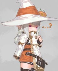 Rule 34 | ...?, 1girl, black gloves, braid, commentary request, commission, covered mouth, dress, final fantasy, final fantasy xiv, fingerless gloves, gloves, grey background, grey hair, hand up, hat, jack-o&#039;-lantern, lalafell, long hair, long sleeves, looking at viewer, orange dress, pointy ears, purple eyes, simple background, skeb commission, solo, thighhighs, uori, warrior of light (ff14), white hat, white thighhighs, witch hat