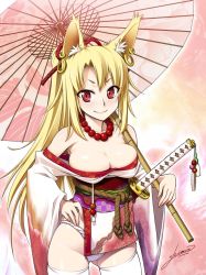 Rule 34 | 1girl, animal ears, bare shoulders, beads, blonde hair, blush, breasts, bursting breasts, earrings, fox ears, fundoshi, inari, japanese clothes, jewelry, jpeg artifacts, katana, kimono, large breasts, long hair, necklace, oil-paper umbrella, original, red eyes, rope, smile, solo, sword, thighhighs, tomomimi shimon, umbrella, weapon, white thighhighs, wide sleeves, traditional youkai, yukata