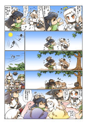 Rule 34 | &gt; &lt;, 6+girls, ^^^, ^ ^, abyssal ship, ahoge, arguing, black hair, blanket, blue sky, carrying, carrying under arm, closed eyes, collar, comic, detached sleeves, closed eyes, flying, green eyes, green hair, grey hair, haruna (kancolle), headgear, highres, hisahiko, holding hands, horns, japanese clothes, kantai collection, katsuragi (kancolle), long hair, long sleeves, lying, mittens, multiple girls, nagato (kancolle), nontraditional miko, northern little sister, northern ocean princess, on side, open mouth, orange eyes, outstretched arms, seaport princess, seiza, shadow, single horn, sitting, skirt, sky, sleeping, smile, spread arms, sun, thighhighs, translation request, tree, twintails, waving arm, aged down, zuikaku (kancolle)