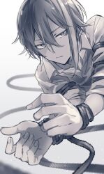 Rule 34 | 1boy, asymmetrical bangs, bound, bound wrists, closed mouth, collared shirt, fingernails, greyscale, hair between eyes, highres, kamishiro rui, kuuu ilst, looking at viewer, male focus, monochrome, multicolored hair, project sekai, rope, shirt, short hair, solo, streaked hair, tied up (nonsexual), two-tone hair, upper body