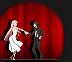 Rule 34 | 10s, 1boy, 1girl, bad id, bad twitter id, bare shoulders, black hair, black neckwear, blue eyes, breasts, collared shirt, couple, crossover, dancing, darling in the franxx, dress, facing another, formal, green eyes, herozu (xxhrd), hetero, high heels, hiro (darling in the franxx), holding hands, horns, indoors, kekkai sensen, long hair, long sleeves, looking at another, medium breasts, necktie, no socks, oni horns, open clothes, pink hair, red horns, shirt, short hair, sleeveless, sleeveless dress, sugar song and bitter step, suit, white dress, white footwear, white shirt, wing collar, zero two (darling in the franxx)