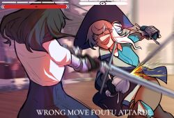 Rule 34 | 2girls, black hair, blue headwear, blue shirt, blurry, blurry background, boots, centurii-chan (artist), commentary, dual wielding, english commentary, english text, fighting, french text, gauntlets, gloves, hat, highres, holding, holding sword, holding weapon, jacket, long sleeves, multiple girls, open mouth, original, outdoors, pants, parrying, rapier, rapier-chan (centurii), shirt, single sidelock, smile, sword, teeth, thigh boots, weapon, white hair