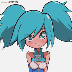 Rule 34 | 1girl, bare shoulders, blue eyes, blue gloves, blue hair, blue neckwear, breasts, cleavage, elbow gloves, evie (paladins), eyebrows, female focus, frown, gloves, grey background, paladins, sad, simple background, solo, stuffted, twintails, upper body, white background