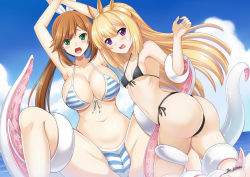 Rule 34 | 10s, 2girls, armpits, arms up, ass, bikini, black bikini, blonde hair, blush, breasts, brown hair, cagliostro (granblue fantasy), clarisse (granblue fantasy), cleavage, cloud, cloudy sky, covered erect nipples, day, front-tie bikini top, front-tie top, granblue fantasy, green eyes, hair ribbon, hairband, imminent rape, large breasts, long hair, multiple girls, navel, ocean, open mouth, ponytail, purple eyes, ribbon, side-tie bikini bottom, signature, sky, small breasts, spread legs, stomach, striped bikini, striped clothes, swimsuit, tears, tentacles, the-sinner, white ribbon