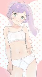 Rule 34 | 1girl, ahoge, bow, bow panties, bra, breasts, collarbone, commentary request, cowboy shot, eyelashes, green eyes, hand up, highres, hyakumangoku masurao, light blush, long hair, looking at viewer, navel, open mouth, original, panties, polka dot, polka dot background, purple hair, small breasts, smile, solo, stomach, thigh gap, thighs, twintails, underwear, underwear only, white bra, white panties