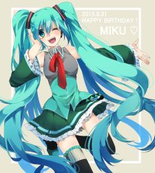 Rule 34 | 10s, 15 (cat0215), 1girl, 2015, absurdres, aqua eyes, aqua hair, border, character name, dated, detached sleeves, happy birthday, hatsune miku, headphones, highres, long hair, looking at viewer, one eye closed, open mouth, outstretched arm, simple background, skirt, solo, thighhighs, twintails, very long hair, vocaloid