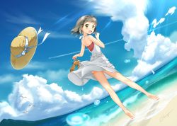 Rule 34 | 1girl, back, bare legs, bare shoulders, barefoot, beach, bird, blush, boat, brown eyes, brown hair, cloud, contrail, day, dress, dutch angle, from behind, gamyuu (gamyu), grey hair, halterneck, hat, hat loss, hat ribbon, highres, holding, holding shoes, looking back, ocean, open mouth, original, outdoors, ribbon, sailboat, sandals, unworn sandals, seagull, shoes, unworn shoes, short hair, signature, sky, solo, standing, sun hat, sundress, sunlight, tiptoes, water, watercraft, white dress, wind, wind lift