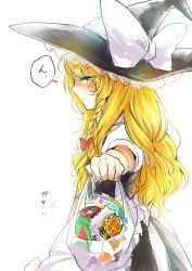 Rule 34 | 1girl, apron, backlighting, bag, black dress, blonde hair, blush, bow, braid, commentary request, dress, giving, groceries, grocery bag, hat, hat bow, highres, kirisame marisa, long hair, looking at viewer, outstretched arm, plastic bag, puffy short sleeves, puffy sleeves, rosette (roze-ko), shirt, shopping bag, short sleeves, simple background, single braid, solo, touhou, tsundere, very long hair, waist apron, wavy hair, witch hat, yellow eyes