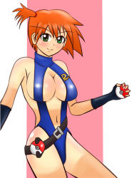 Rule 34 | 1girl, alternate costume, bare shoulders, barefoot, belt, blush, breasts, cameltoe, casual one-piece swimsuit, cleavage, creatures (company), fingerless gloves, game freak, gloves, green eyes, gym leader, harubato, hat, huge breasts, large breasts, legs, misty (pokemon), navel, nintendo, one-piece swimsuit, orange hair, outdoors, poke ball, pokemon, pokemon: the electric tale of pikachu, ponytail, pool, red eyes, short hair, side ponytail, slingshot swimsuit, smile, solo, swimsuit, water