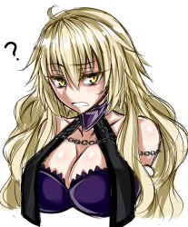 Rule 34 | 1girl, ?, bare shoulders, blonde hair, blush, breasts, chain, cleavage, collarbone, fate/grand order, fate (series), jeanne d&#039;arc (fate), jeanne d&#039;arc alter (avenger) (fate), jeanne d&#039;arc alter (avenger) (third ascension) (fate), jeanne d&#039;arc alter (fate), large breasts, long hair, looking at viewer, open mouth, ruler (fate/grand order), sanmoto gorouzaemon, sketch, solo, upper body, yellow eyes