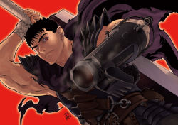 Rule 34 | 1990s (style), 1boy, arm cannon, armor, backlighting, bandages, belt, belt pouch, berserk, black hair, cape, dragonslayer (sword), enaki (mtmti), frown, guts (berserk), hand on hilt, huge weapon, looking at viewer, male focus, multiple belts, muscular, one eye closed, pauldrons, pouch, prosthesis, prosthetic arm, prosthetic weapon, red background, retro artstyle, scar, short hair, shoulder armor, solo, sword, torn clothes, weapon, wink