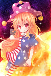 Rule 34 | 1girl, american flag dress, american flag legwear, bad id, bad pixiv id, beni shake, blonde hair, clownpiece, fairy wings, gradient background, hat, jester cap, legacy of lunatic kingdom, long hair, pantyhose, red eyes, smile, solo, striped clothes, striped pantyhose, touhou, very long hair, wings