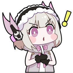 ! 1girl black_gloves bow bowtie bright_pupils chibi chibi_only chinese_commentary commentary_request euyueuy gloves hair_ornament liv:_lux_(pgr) liv_(pgr) looking_ahead lowres maid_headdress official_art open_mouth pink_bow pink_bowtie pink_eyes punishing:_gray_raven short_hair simple_background solo upper_body white_background white_hair white_pupils