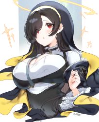 Rule 34 | 1girl, absurdres, black hair, blue archive, blush, breasts, cleavage, habit, halo, highres, hinata (blue archive), huge filesize, large breasts, long hair, necktie, nun, oh (aung ae), open mouth, portrait, red eyes, simple background, solo, sparkle, twitter username
