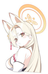 Rule 34 | 1girl, animal ears, bare shoulders, blue archive, blush, breasts, cropped torso, hair ornament, hairband, halo, kaho (blue archive), komipe512, large breasts, long hair, looking at viewer, makeup, mole, mole under mouth, orange eyes, orange hairband, simple background, solo, upper body, very long hair, white background
