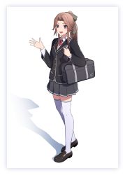 Rule 34 | 1girl, absurdres, alternate costume, anchor symbol, arms up, bag, black footwear, black jacket, black skirt, blazer, border, brown eyes, brown hair, carrying, commentary request, full body, grey border, hair intakes, hair ribbon, highres, holding strap, jacket, jintsuu (kancolle), kantai collection, loafers, long hair, long sleeves, looking at viewer, necktie, open mouth, pleated skirt, ponytail, rankebu, red necktie, ribbon, school bag, school uniform, shadow, shirt, shoes, shoulder carry, sidelocks, simple background, skirt, solo, standing, sweater vest, thighhighs, white background, white shirt, white thighhighs, zettai ryouiki