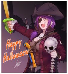 Rule 34 | 1girl, :d, airisubaka, artist name, bandaid, bandaid on cheek, bandaid on face, black hat, breasts, cleavage, closed eyes, commentary, eyepatch, gun, halloween costume, happy halloween, hat, holding, holding skull, holding sword, holding weapon, jacket, large breasts, leah (airisubaka), long hair, open mouth, original, pirate costume, pirate hat, purple hair, red jacket, skull, smile, solo, sword, torn clothes, torn jacket, upper body, weapon